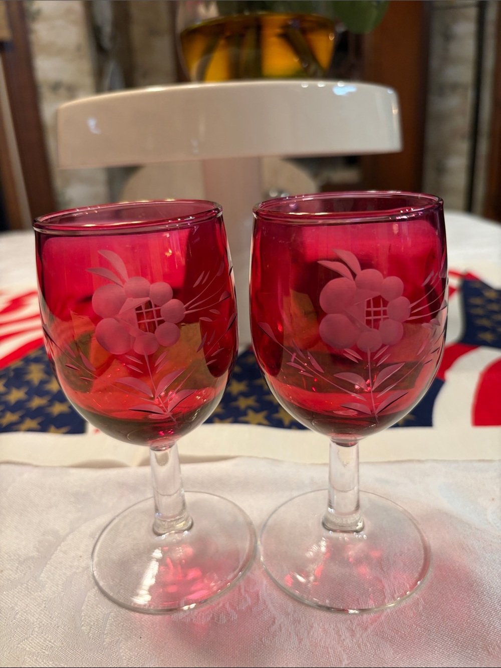 Unset Brand Ruby Red Etched Glass Wine Pair